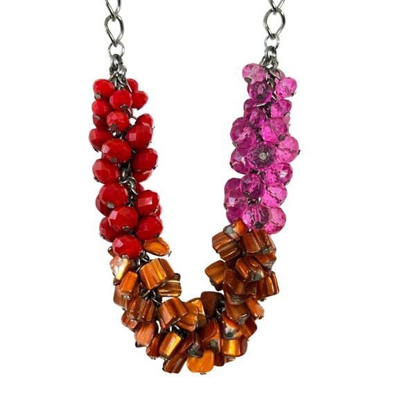 Statement Necklace Retro Boho Pink Red & Amber Stones Beads Silver Link Chain - Picture 2 of 6